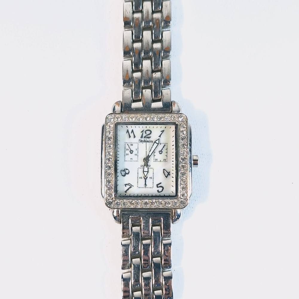 Style & Co White Pearlized Dial Square Crystal Case Link Band Watch, New Battery